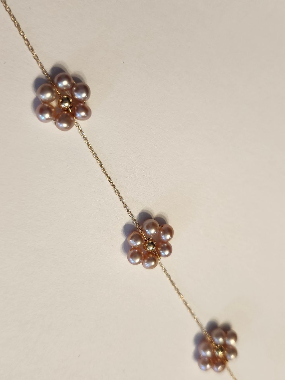14K Solid Gold Chain Delicate Pink Real Freshwater Pearl Flower Bracelet